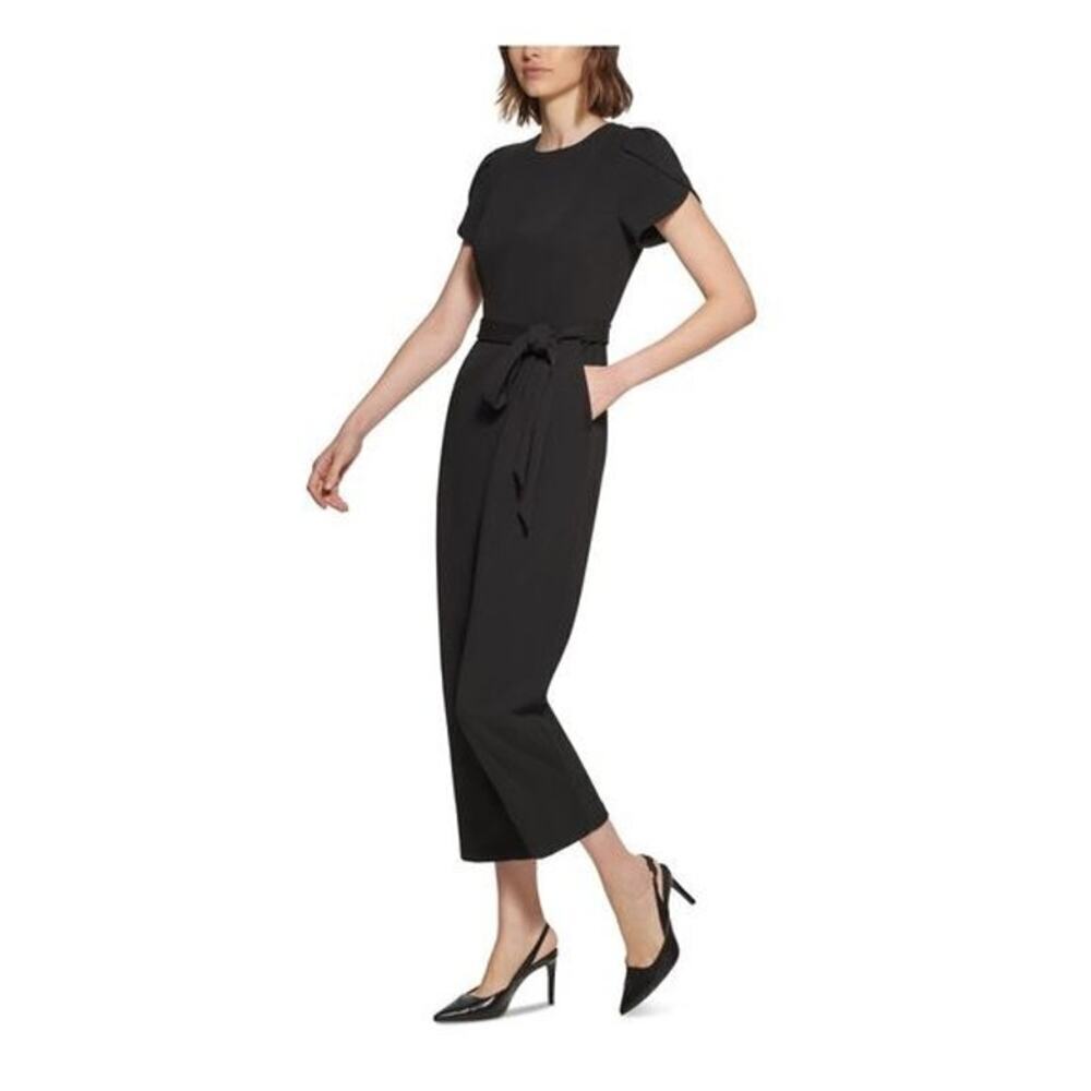 Calvin Klein Tie Waist Petal Sleeve Round Neck Cropped Jumpsuit Black Size 6 NWT